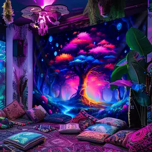 1pc Magical Tree Of Life River UV Black Light Tapestry, Large Size Peach Skin Fluorescent Tapestry, Bedroom Aesthetic Hanging Tapestry For Party Festival, Bedroom Office Living Room Home Decor, Wall Decoration With Free Accessories