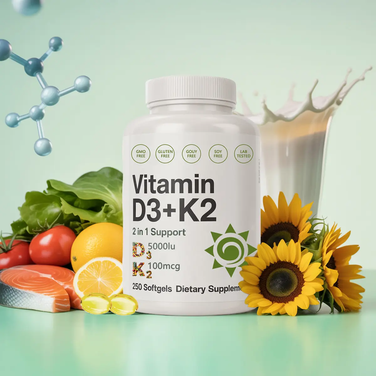 Vitamin D3 10,000 IU +K2 MK7 200 mcg,Infused with Virgin Coconut Oil,250 Soft gels,Double Strength Vitamin D & K,Promotes Heart, Bone & Teeth Health -Very Easy to Swallow