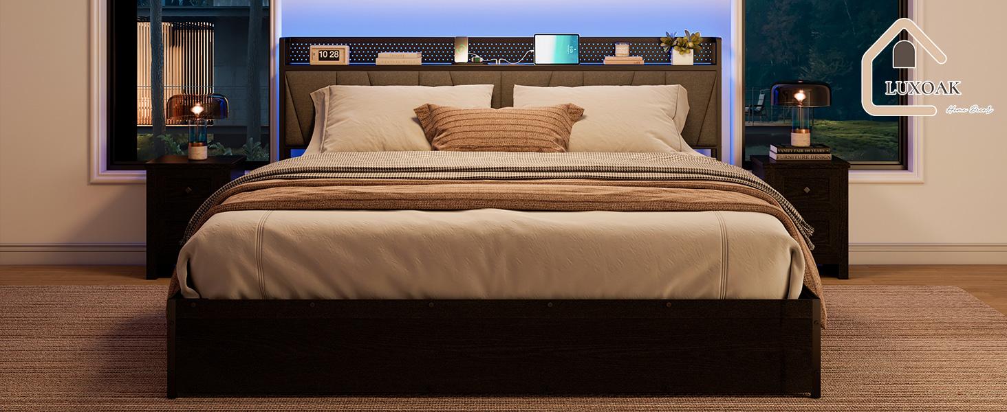 AMERLIFE 3 Pieces Farmhouse Bedroom Set, Includes Full/Queen/King Size Lift Up Storage Bed Frame with LED Lights and Linen Upholstered Headboard, Nightstand Set of 2 with Charging Station