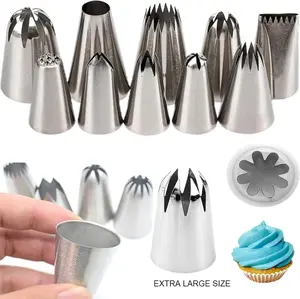 10 piece Extra Large Piping Tip Set Pastry Cake Decorating Tips Baking Tools with 50 Disposable Pastry Bags Stainless Steel Decorating Tips for Cupcake, Cookie and Puff