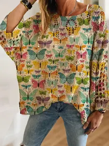 Women's Colorful Cartoon Animal Butterfly Bee Print Batwing Long Sleeve Knit Top, Casual Elegant Vacation Style Sweater, Valentine's Day Gift