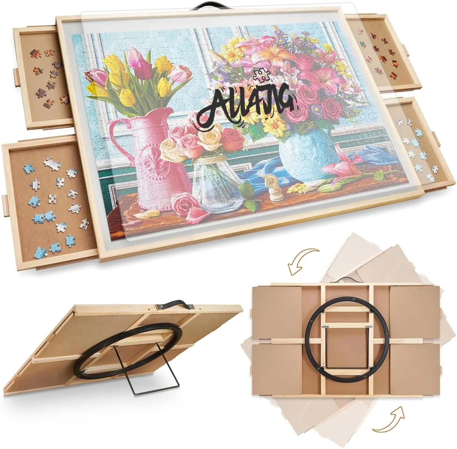 ALL4JIG 2-in-1 Puzzle Board for Adults and Mother’s Day Gift  with Wooden Tabletop Drawers Rotating Lazy Susan Dustproof Cover Tilting Angle Adjustment Portable Eco-Friendly Design puzzle board tilting and rotating