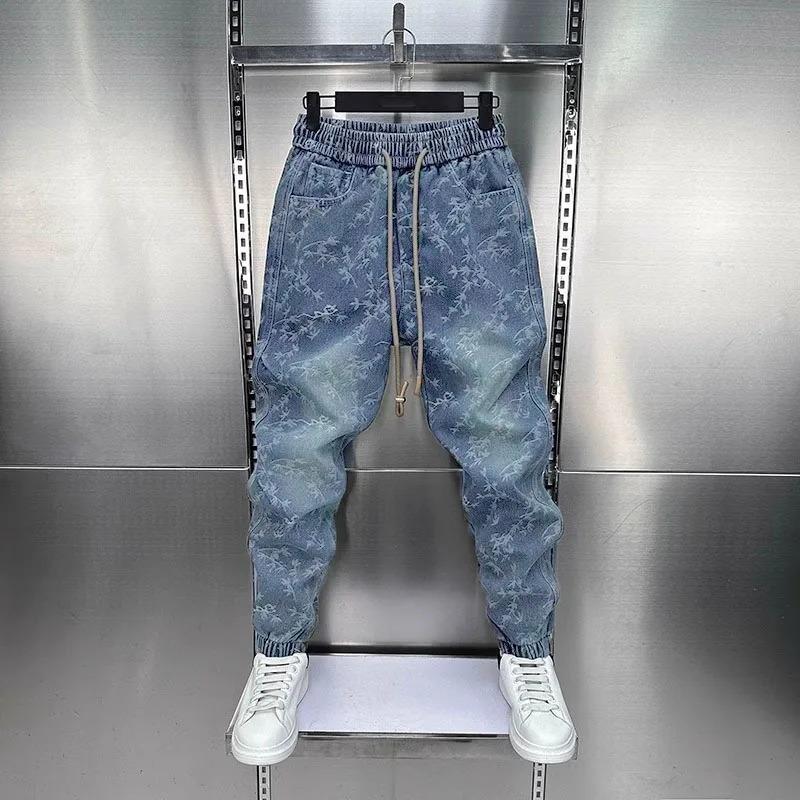 Jacquard American Classic Jeans Fashion Joints Harem Pants High Quality Loose Harajuku Straight-Leg Trousers Men's Clothing Menswear Black Casual Streetwear Denim