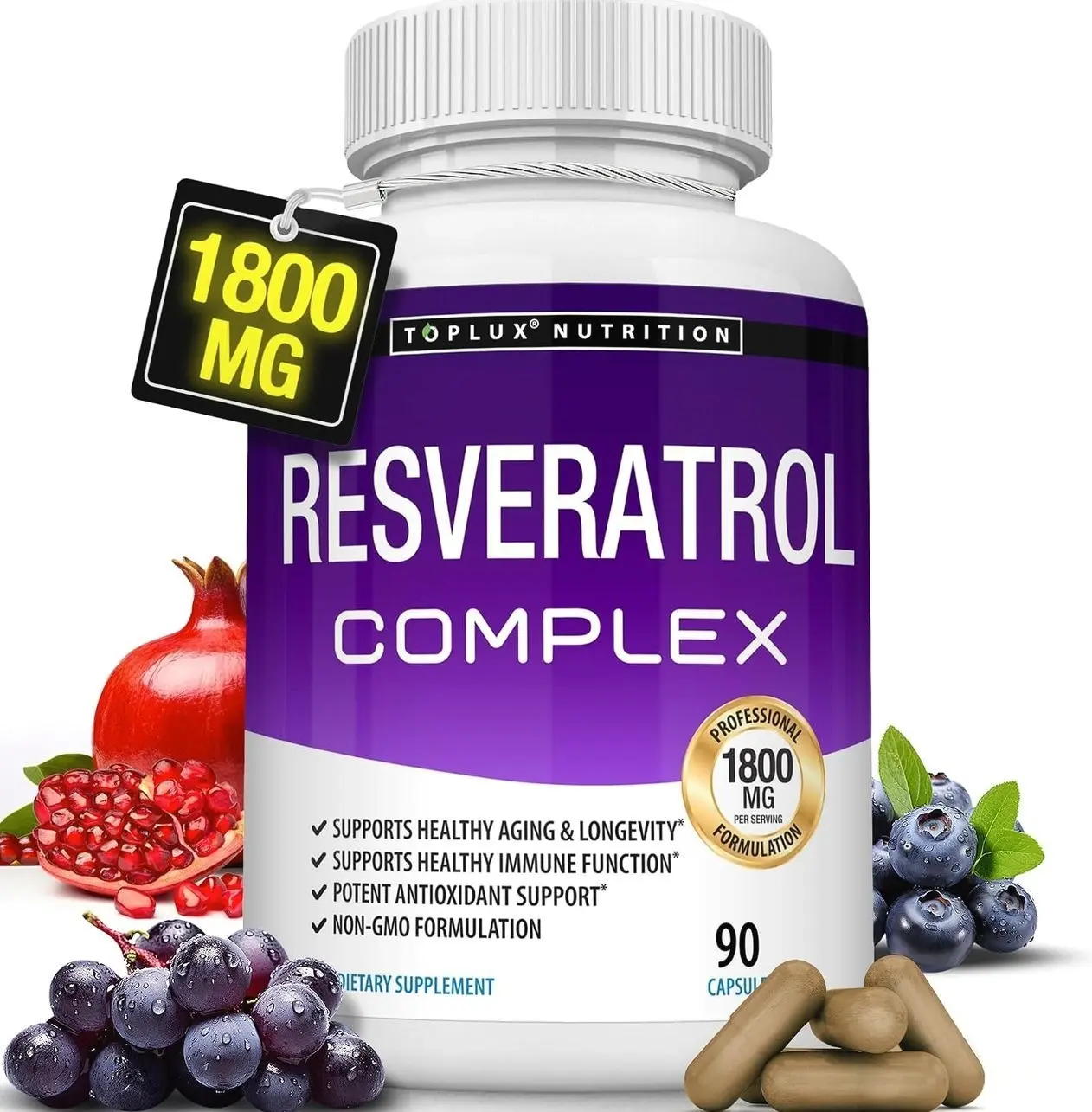 Resveratrol Supplement 1800 mg Antioxidant Complex - Highly Potent Natural Trans-Resveratrol Pills for Healthy Aging, Overall Health Support, Immune System, Brain Function, for Men Women, 90 Capsules