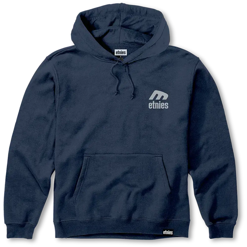 etnies Icon E Hoodie - Men's Navy/Grey Pullover, 10 oz Midweight Ringspun Cotton Fleece, Jersey-Lined Two-Piece Hood, Pouch Pocket
