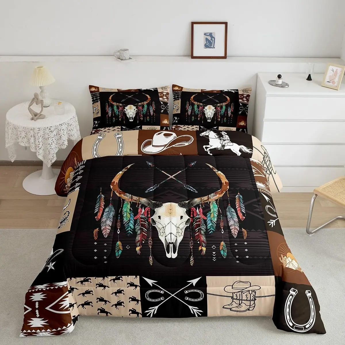 Feelyou Breathable Polyester Queen Comforter Set - Bohemian Quilt, Bed Cover, Multi-Size, Western Cow-Southwest Longhorn Skull Design, RV-Friendly Decor for Cowboys/Cowgirls, Bohemian Quilt Set, Bed Cover Set