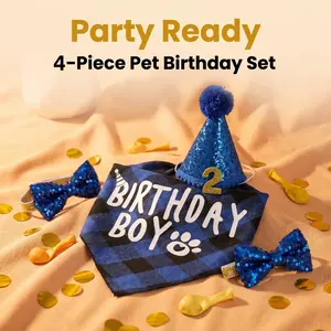 4pcs Pet Birthday Party Set – Blue Plaid Bandana Hat Bow Tie with Number Stickers – Dog Cat First Birthday Decor Kit for Small Medium Puppy Kitten – Daily Dress Up Photo Prop Holiday Series Birthday Party Favors