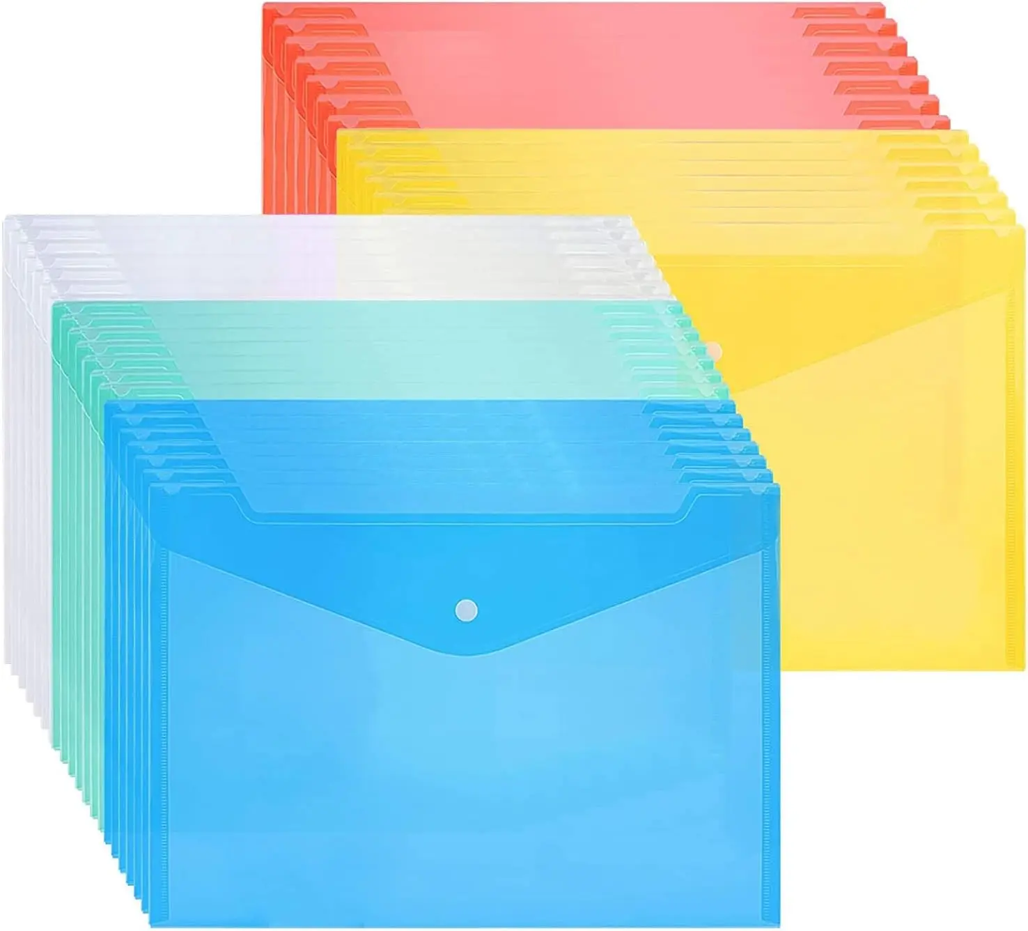 Plastic Envelopes, 30pcs A4 Size Poly Envelopes Document Folders | with Snap Button Closure for School Home Work Office Organization, 5 Colors