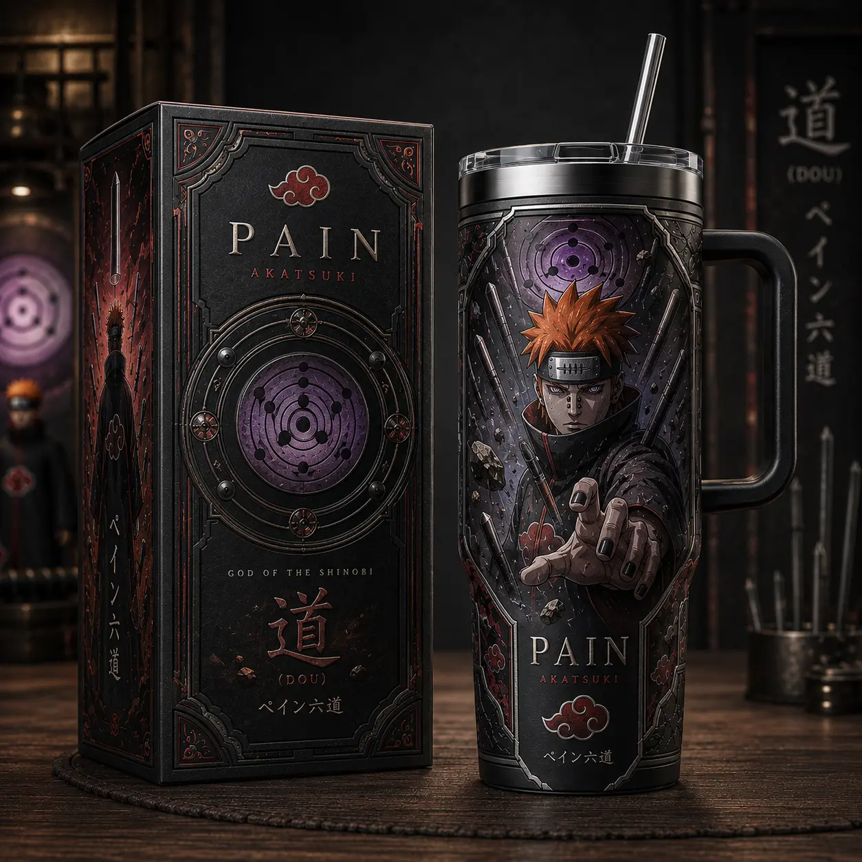 [Kitsune Archive] Pain Akatsuki 40oz Tumbler With Handle & Straw, Pain Anime Cup, Akatsuki Clan Graphic Travel Mug, Rinnegan Six Paths Inspired Insulated Water Tumbler, Legendary Shinobi Fan Gift, Manga Drinkware