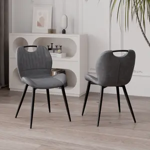 Dining Chair Set of 2 PU Leather Dining Room Chairs Comfy Backrest Upholstered Dining Chairs Modern Kitchen Armless Side Chair with Solid Metal Legs and Handle, Grey