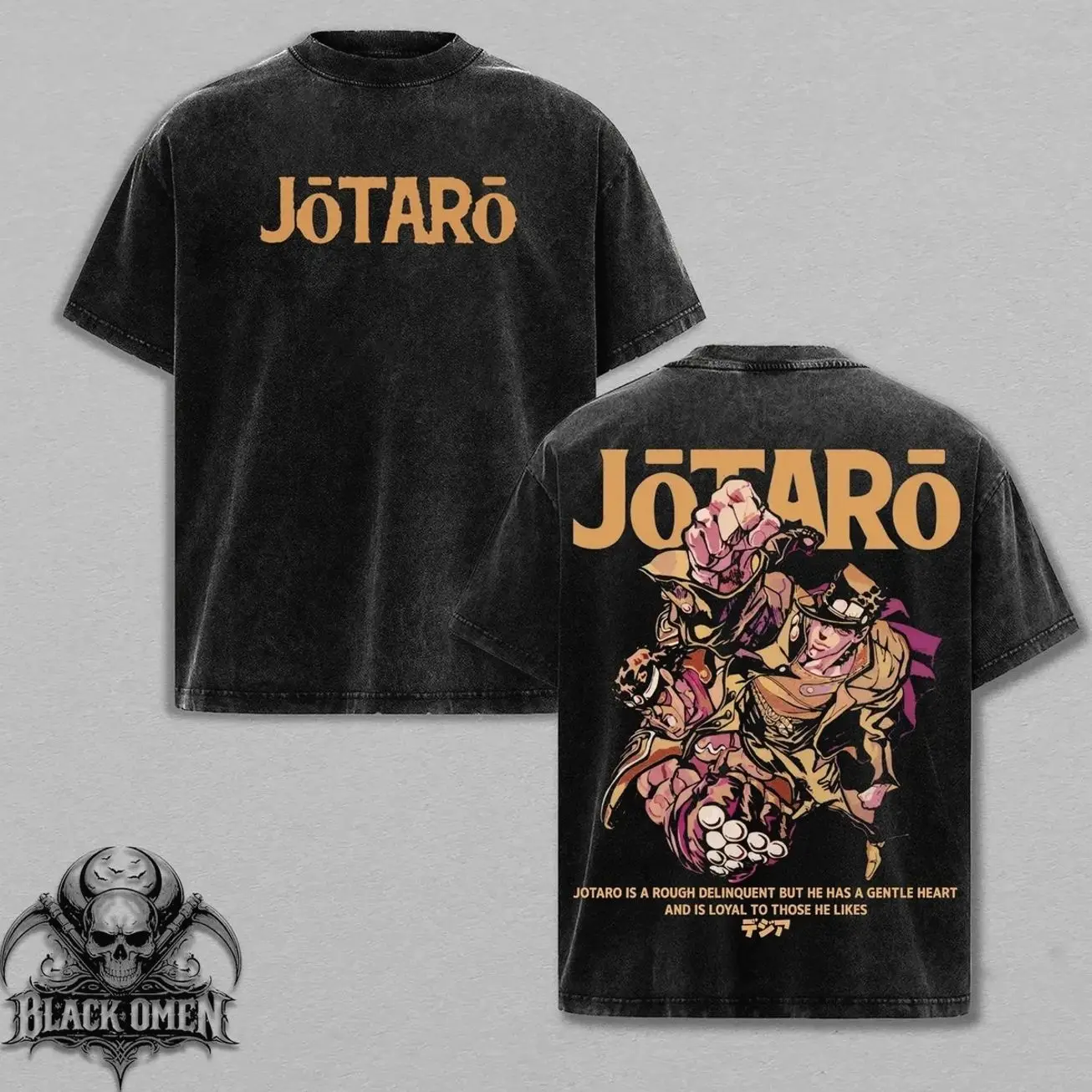 Jotaro Kujo Tee Washed – JoJo's Bizarre Adventure washed anime manga T-shirt with vintage washed iconic stoic hero graphic design. Unisex oversized streetwear shirt, soft cotton, casual oversize fit, perfect gift for JoJo anime fans & Gift For Him. WVP