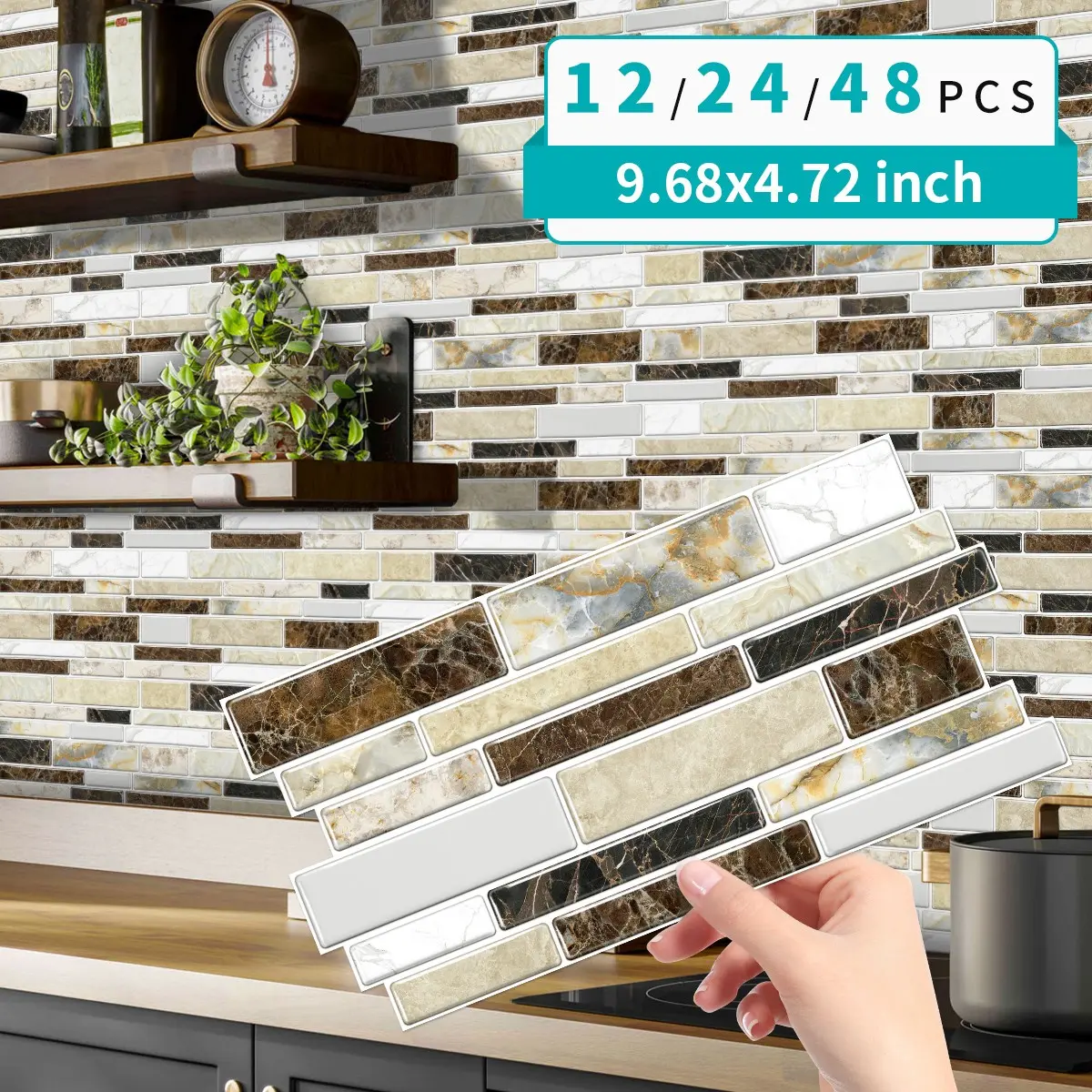 Imitation Marble Tile Pattern Wall Sticker, 1 Box Waterproof & Oil-proof Wall Decal, Decorative Wall Paper Interior Stickers for Kitchen, Bathroom, Living Room, Dining Room, Ornaments, Marble Pattern Stickers