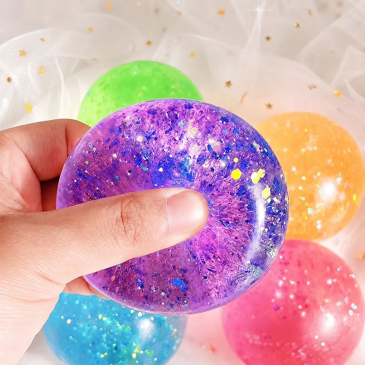 Vibrant Glitter Squishy Stress Ball - 6cm Slow Rising Stretchable Cute Squishies, Anxiety Squishies, Fidget Stress Balls, Sensory Fidget Toy for Neurodivergent Kids, Decompression Squeeze Tool