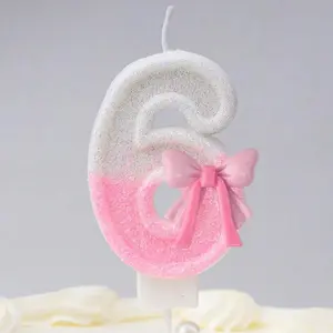 Bow Decor Birthday Number Candle, 1 Count Glitter Birthday Candle, Cake Decoration with Sequins, Suitable for Girls and Ladies Anniversary Celebration, Ornaments