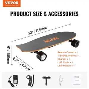 VEVOR Electric Skateboard with Remote, 13.7 Mph Top Speed 7.5 Miles Max Range Skateboard Longboard, 3 Speeds Adjustment Skateboards, Easy Carry Handle Design, Suitable for Adults Teens Beginners