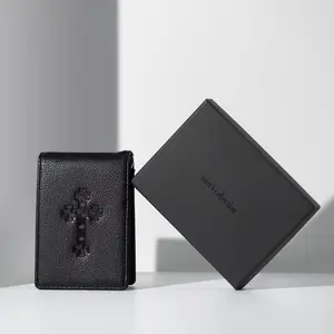 Cross-Khatchkar Men's Ultra Slim Bifold RFID Blocking Wallet in Genuine Leather with Money Clip 8 Card Holder Black Gift Box Made in USA prayer gift