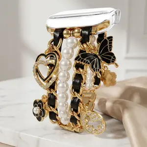 1 Pc Fashion Women's Aesthetic Durable Pearl & Stainless Steel Chain Watch Band with Charm Pendant for Apple Watch 38mm-49mm, Compatible with Apple Watch Ultra 3/2/1, Series 11/10/9/8/7/6/SE/5/4/3/2/1, Replacement Watch Strap (Only Band)