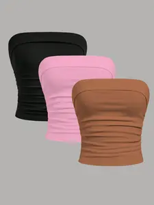 3-piece set - Flared waist Fitted Casual knitting seamless cropped corset Top