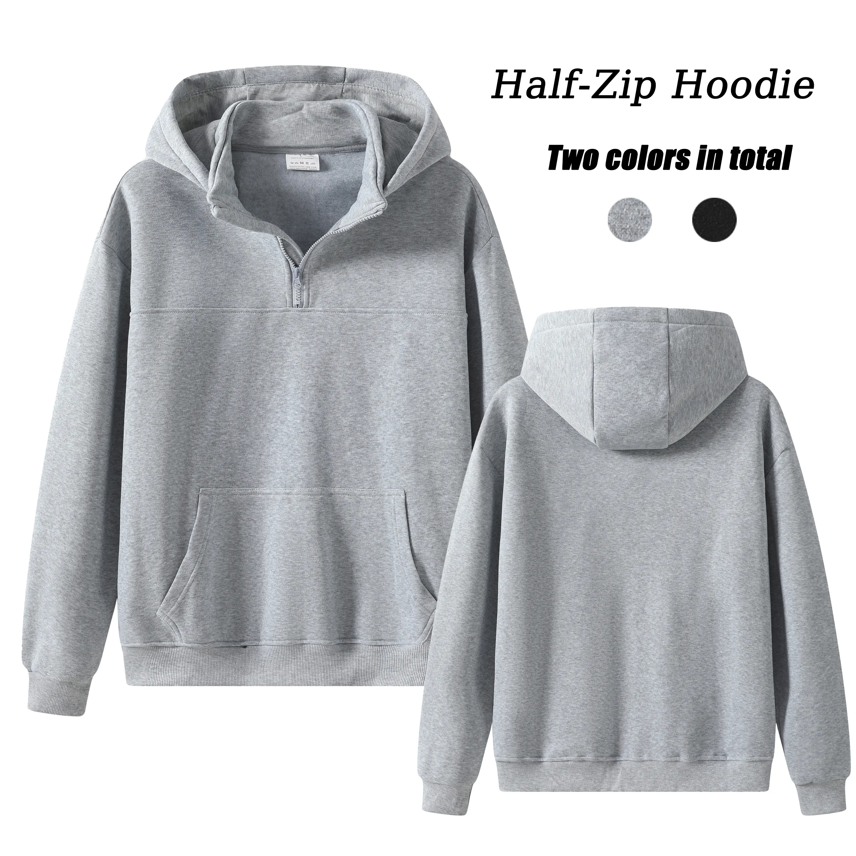 Men’s Black Essential Hoodie - Solid-Color Half-Zip Pullover, Long Sleeves, Drop-Shoulder Design, Kangaroo Pocket, Basic Casual Wear for Spring/Autumn, Commuting