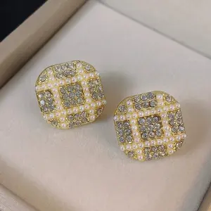 Pearl Square Stud Earrings Gold Plated For Party