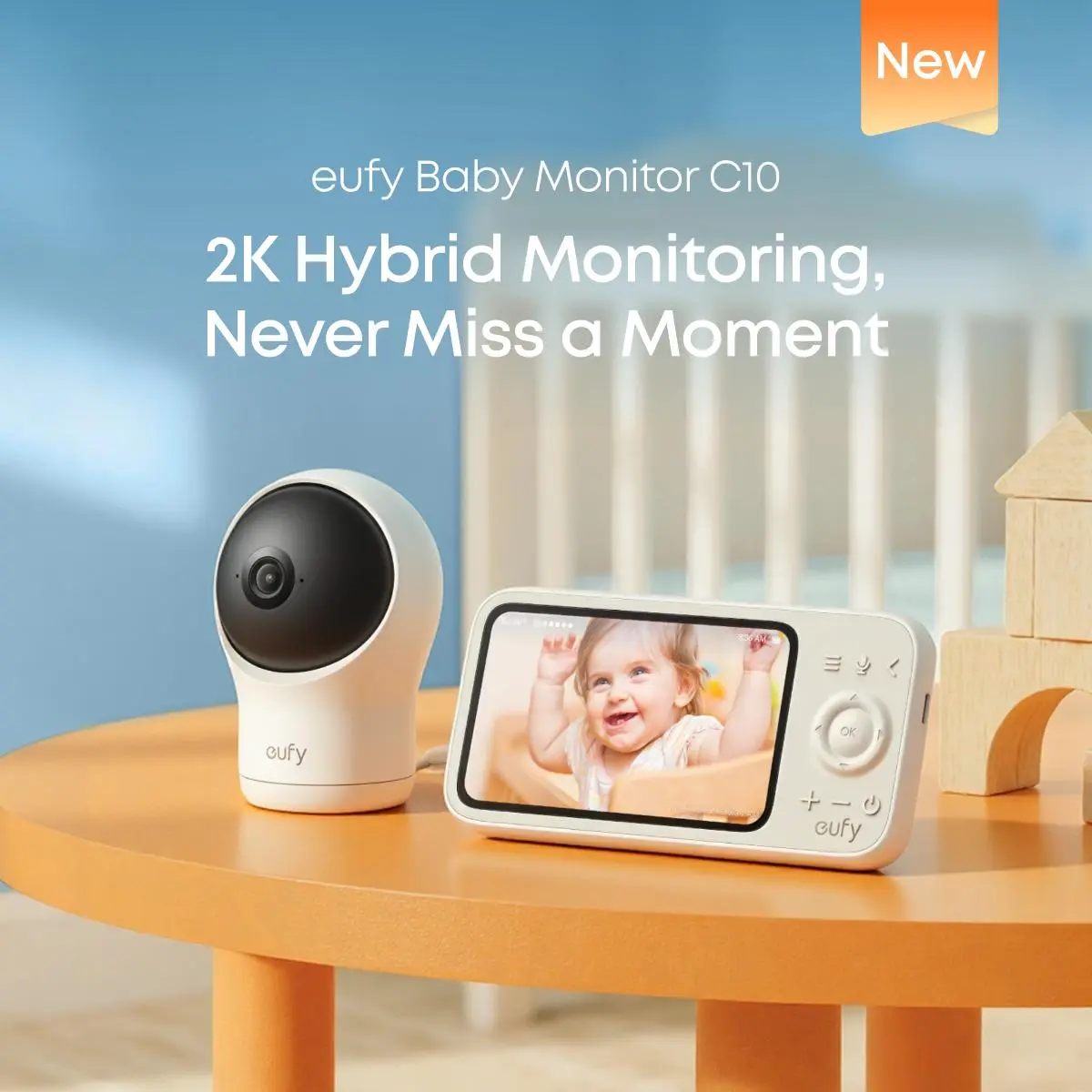 eufy Baby Monitor C10 with 2K HD Camera, 4.5" 480p Display, 4× Zoom, Pan-Tilt, Night Vision, Hybrid Wi-Fi & No Wi-Fi Connection, 12 H Battery, Mo
