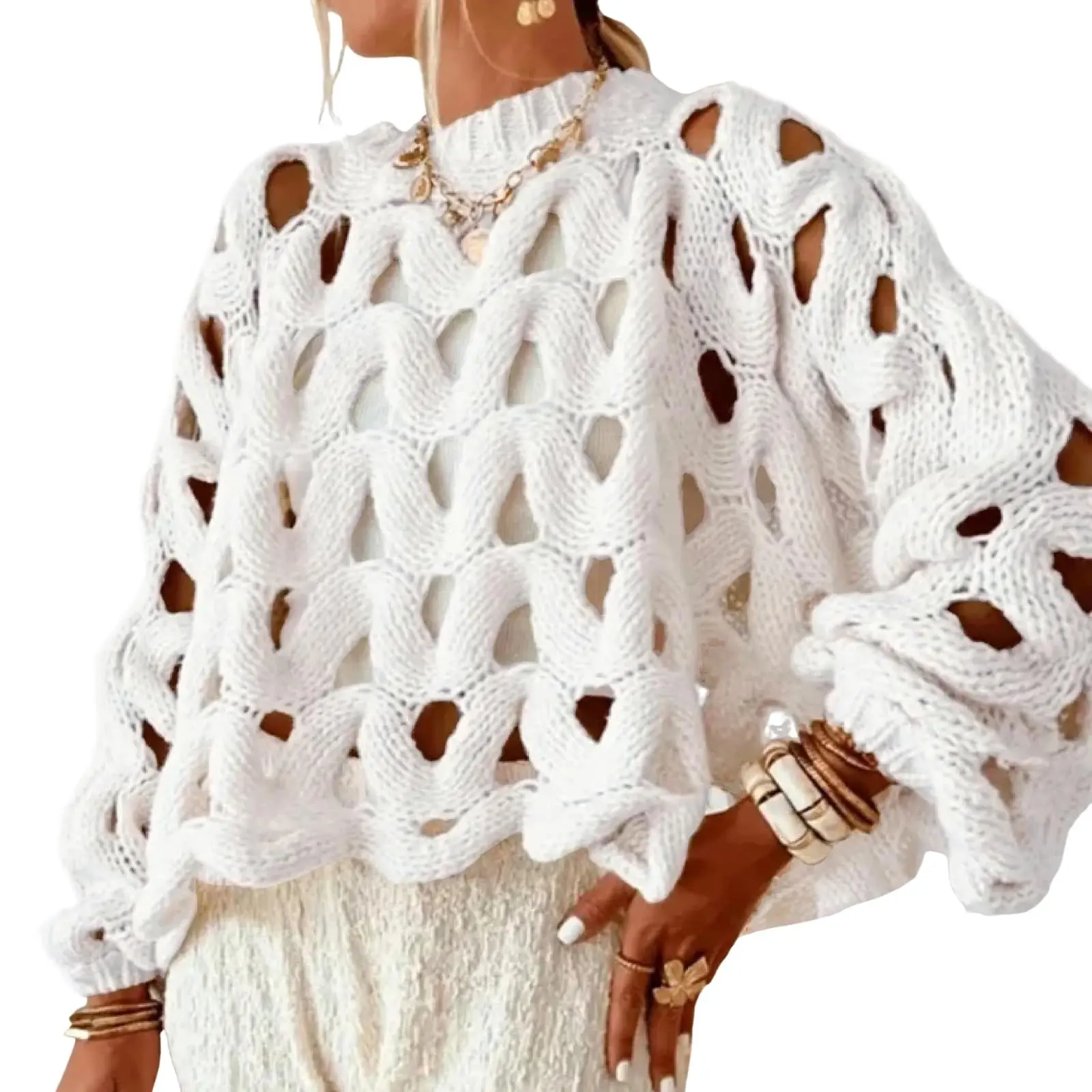 Arssm Women's Hollow Out Pullover Sweater Oversized Long Sleeve Crew Neck Crochet Chunky Knitted Sweater