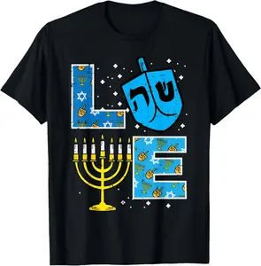 100% Cotton Love Hanukkah Dreidel Menorah Jewish Chanukah Men Women T-Shirt