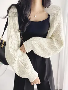 Korean Style Casual Soft Chunky Knit Cardigan, Loose Lantern Sleeve Outerwear, Unique Design Versatile Slim Fit Top