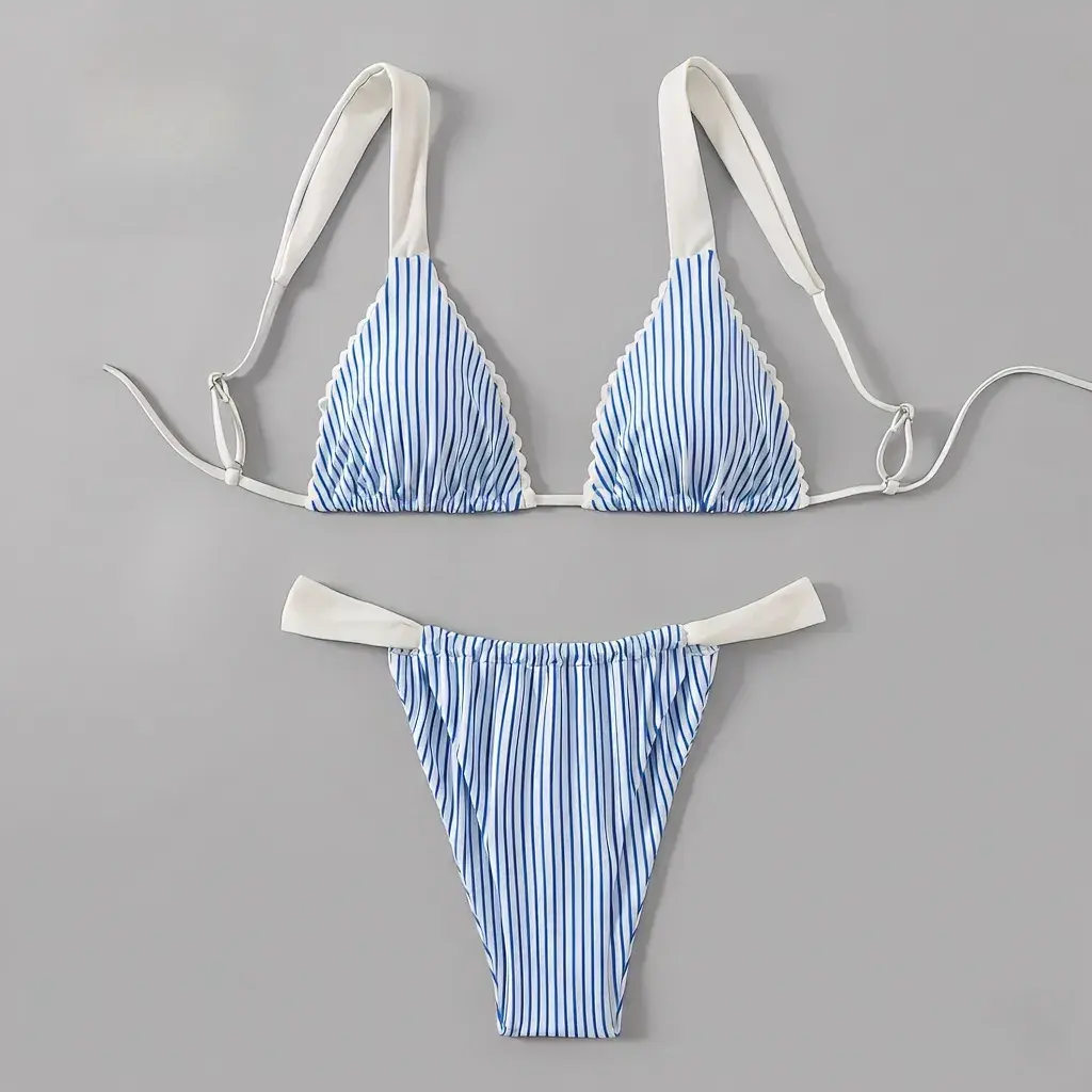 Women's Swimsuits Coquette Striped Triangle Bikini, 2 Piece Bathing Suit Set with Lettuce Trim and High Cut Thong Bottom, Two Piece Set