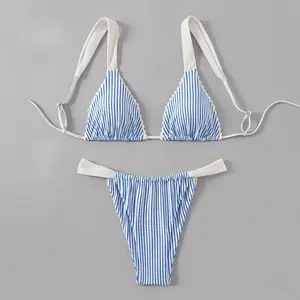Coquette Blue White Striped Swim Sets, Lettuce Trim Triangle Bikini High Cut Thong Bottom, Women's 2 Piece Bathing Suit Pool Vacation
