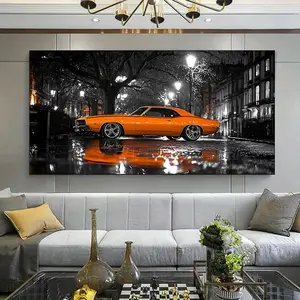 1 piece framed canvas painting, large canvas art, modern orange classic car canvas painting art, suitable for living room, bedroom office decoration.