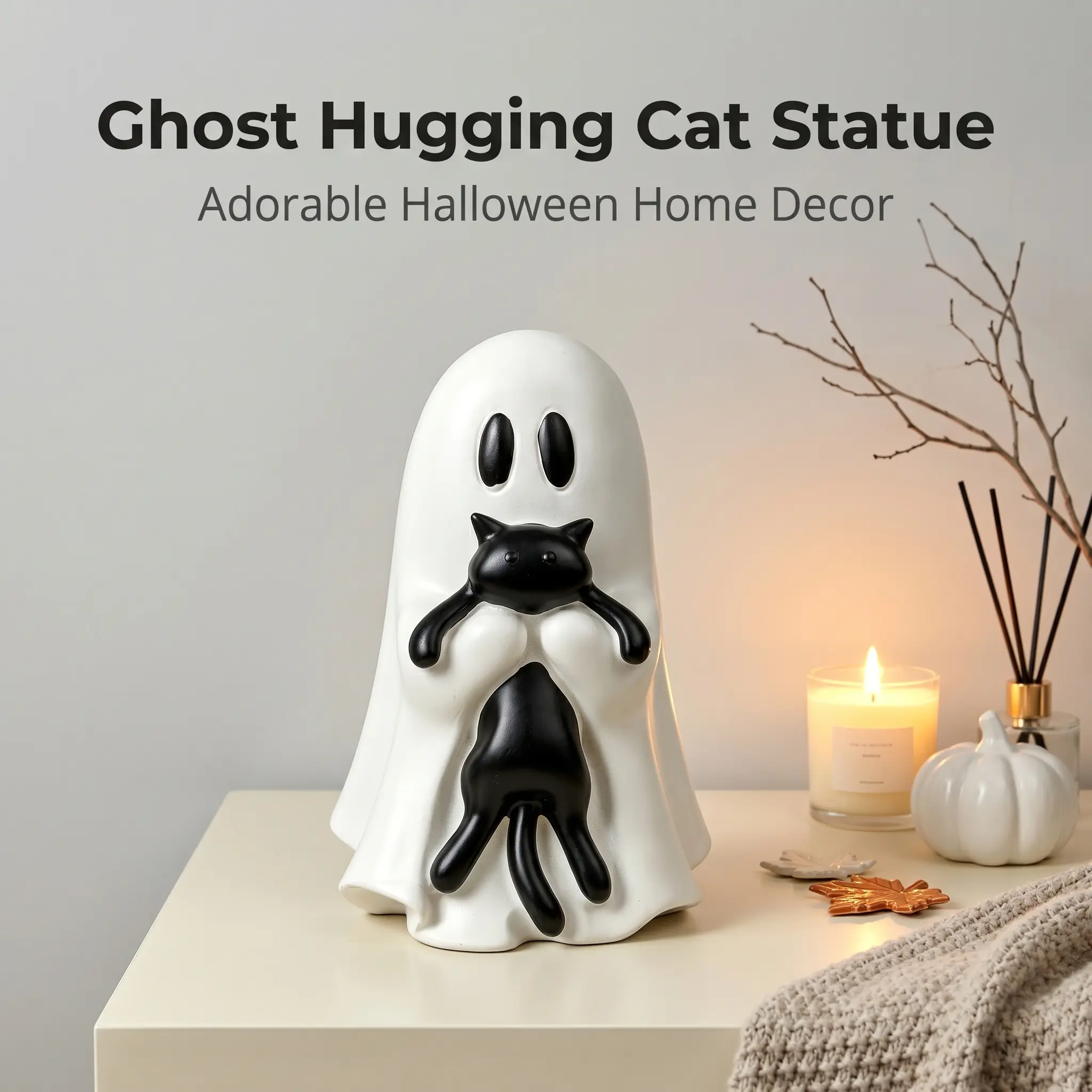 Large 7.1-inch Ghost Cat Figurine – Halloween Party Atmosphere Decor, Home Desktop Ornament, Cute Gift