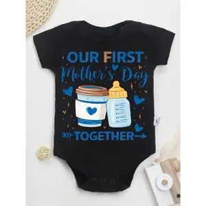 Cute Baby Bodysuit With Our First Mothers Day Together Coffee And Bottle Print Soft Versatile Round Neck Button Detail Regular Fit All Seasons Knitted Fabric Onesie