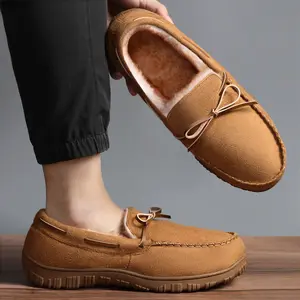 Men Slippers Faux Suede Moccasin Plush Fleece Lined Bow Detail Non-Slip Slip-On Indoor Outdoor Winter Shoe