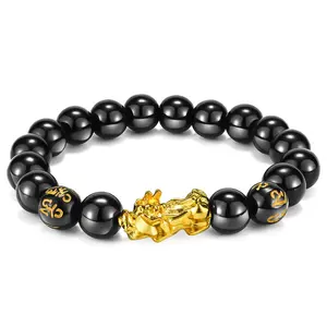 OLEVS Pixiu Gold Charm Black Bead Bracelet Daily Wear Unisex Gift for Lover Husband Boyfriend Father Natural Stone Wealth Protection Blessing Lucky Bracelet