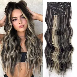 Clip in Extensions Black Mix Blonde Long Hair Extensions Set Natural Synthetic 4 pieces Quick Hair Transformation Volume Booster Set for Women Party