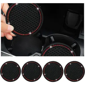 4 count Bling  Cup Coaster, 2.75 Inch  Rhinestone Auto Cup Holder Insert Coaster, Anti-Slip Durable  Drink Cup Mat, Universal  Interior Decor Accessories (Black & Red)