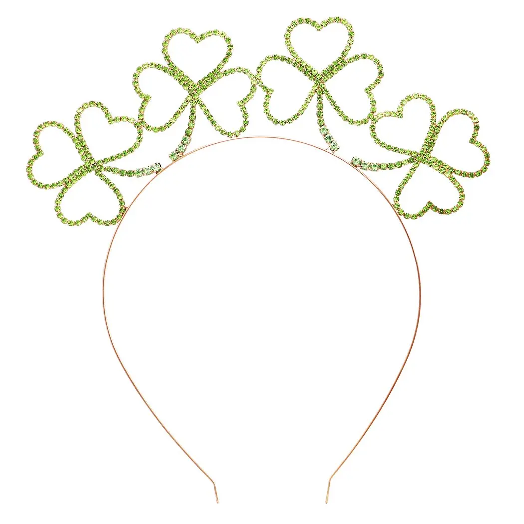 Unisex Irish Shamrock Clover Green Glass Crystal Tiara Crown Headband - 7.25 in, 4 large clovers, 5 in wide, 5.5 in tall, crystal rhinestones, gold tone, St. Patrick's Day Irish Wedding Fashion Hair Accessory, 7.25 Inches, Four Large Clovers