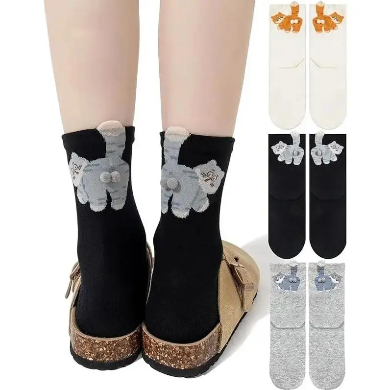 Women's Cute Cat Socks with 3D Pompom Balls 3 Pairs - Novelty Cartoon Kitten Crew Socks, Soft Fuzzy Fun Animal Socks for Cat Lovers, Cozy Comfort Fit