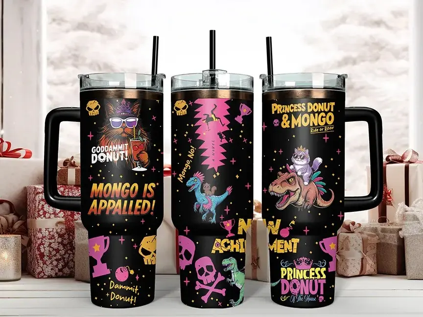 Insulated Reusable Stainless Steel Tumbler 20oz,30oz,40oz Collection - Dungeon Crawler Carl & Princess Donut Themed, With Lid, Handle, Straw - 'Mongo is Appalled!', 'This is an Outrage!' LitRPG Drinkware for SCC Fans