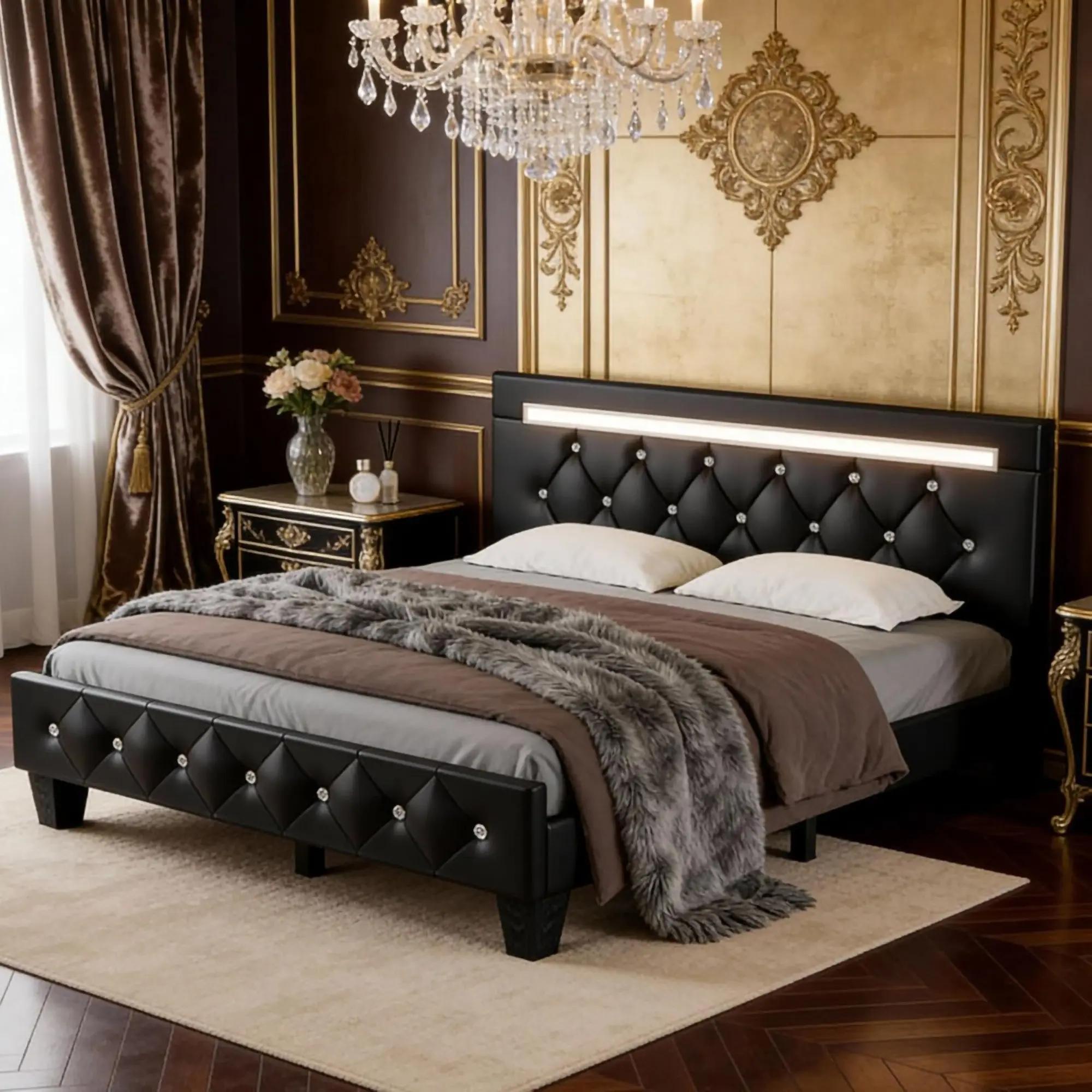 Queen Size Bed Frame with RGB LED Lights & Charging Station, Faux Leather Upholstered Platform Bed with Crystal Button Tufted Adjustable Headboard, Sturdy Wood Slats Support, No Box Spring Needed, Black hidden storage