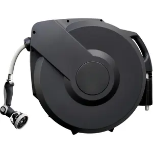 Retractable Garden Hose Reel 5/8"x100ft, 3-Ply Reinforced, High-Flow, Any Length Lock, 180 °   Swivel Bracket, Heavy-Duty Aluminum Mount, Slow Retract, Auto-Layer, 10 Spray Nozzle