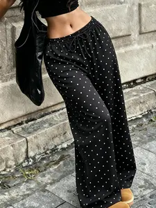 French Vintage Chic Polka Dot High Waist Wide Leg Pants, Womenswear Polka Dot Flowy Slimming Long Pants, Casual Fitted Style for All Seasons