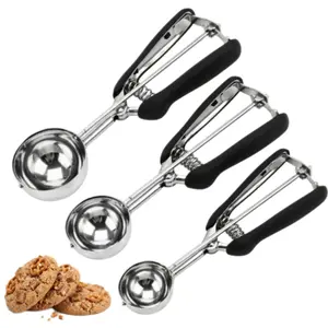 3pc ice cream scoop set, cookie scoop set, baking cookie scoop set (3 pieces), stainless steel cookie scoop, ice cream scoop with trigger release mechanism, cookie dough scoop with non-slip handle.