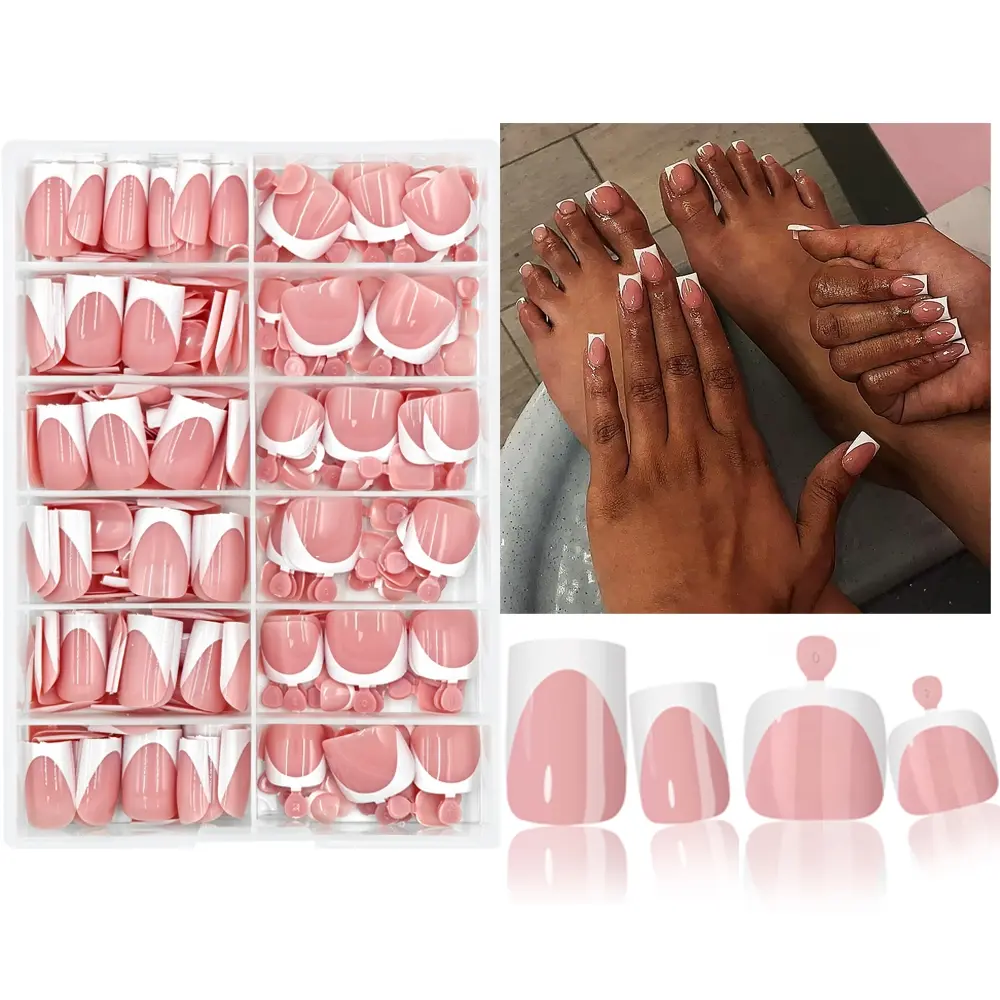 312 Pcs White French-Tip Press-On Nails & Toenails Set, Glossy False Nails, DIY Fake Nails, Short Square Shape, Light Brown Glossy Finish for Hands & Feet, Detachable Nail Art, Easy Application, Durable Press-Ons