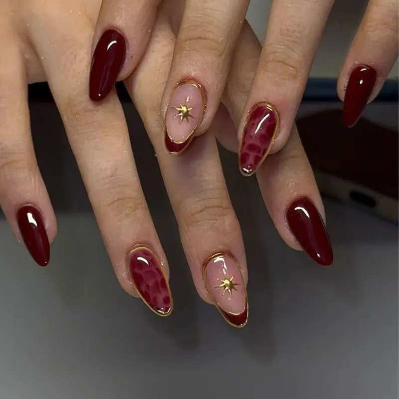 24pcs Long Almond Gold Edge Leopard Print Glossy False Nails, Fake Nails, Press-On Short Square Nail Set, Includes Jelly Glue and Nail File