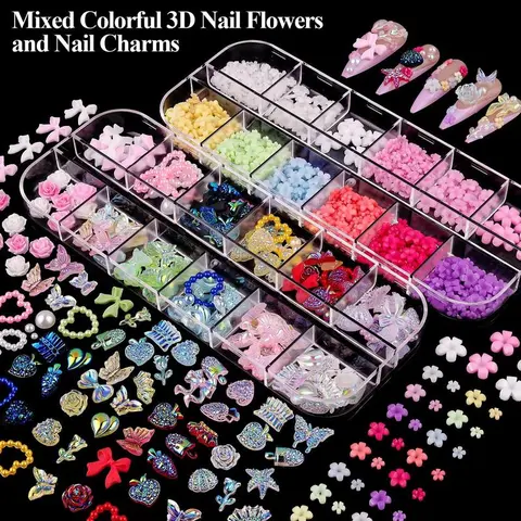 TQIGWRB 8-Box Nail Art Charms Kit, Nail Art Tools with 3D Charms, Colorful Flatback Rhinestones, Multi-Shape Pearls Jewels Crystals for Crafting