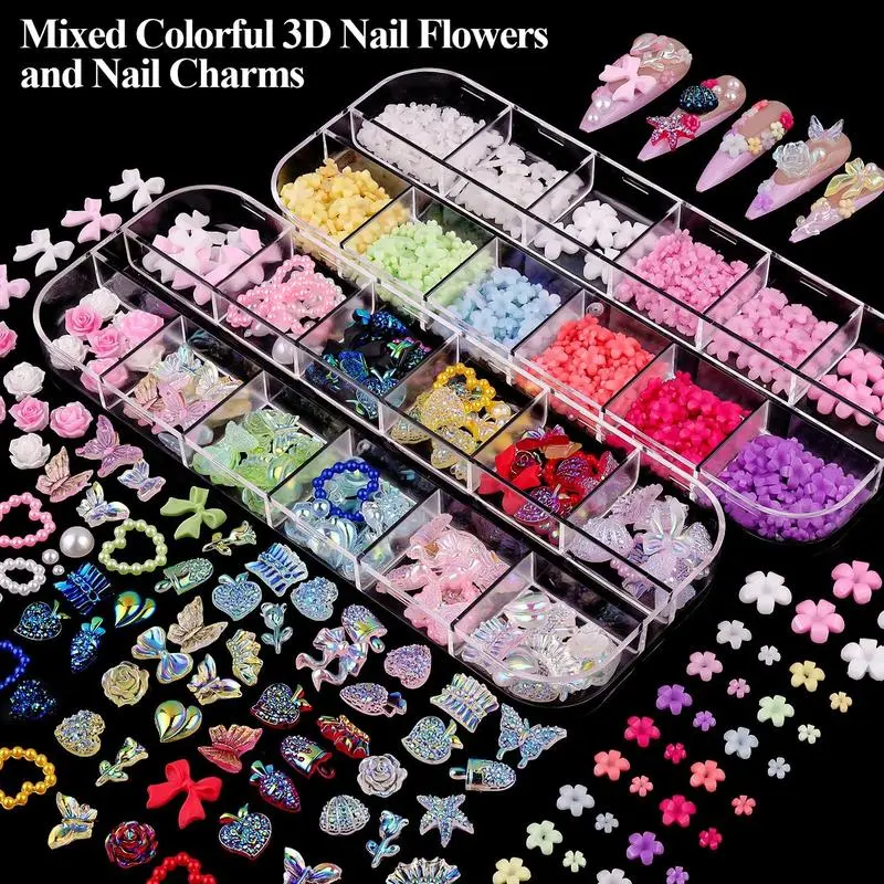 TQIGWRB 8-Box Nail Art Charms Kit, Nail Art Tools with 3D Charms, Colorful Flatback Rhinestones, Multi-Shape Pearls Jewels Crystals for Crafting