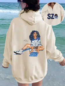 Women's Fall Hooded Half-Zip Sweatshirt, Fashionable Versatile Girl Painting Print, Loose-Fitting Casual Graphic Pullover, Womenswear, Garment, Piece