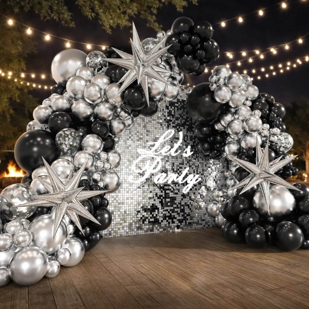 Black and Silver Metallic Balloon Garland Arch Set with Confetti Latex Balloons - 2026 Graduation, New Year Party Decor, Layered Atmosphere Essentials for Photo Backdrops